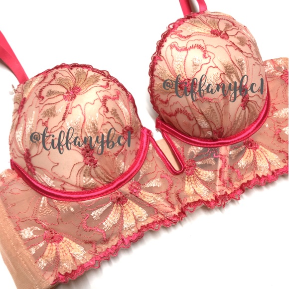 Pink Two Toned Long Line Floral Lace Push Up Bra - Picture 7 of 9